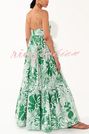 Botanical Floral Print Sexy Sling Backless Maxi Dress