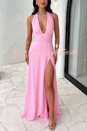 Sexy V-neck Backless Waist Tie High Slit Maxi Dress