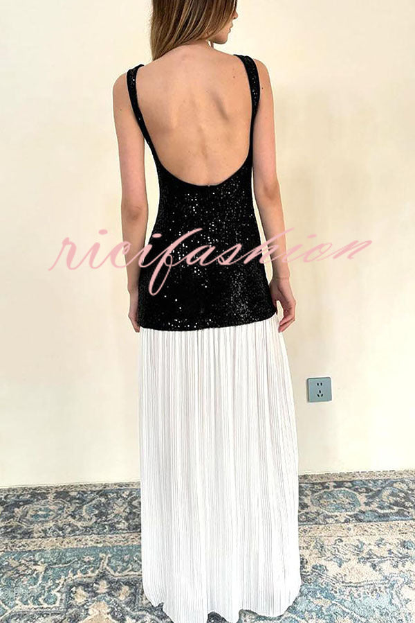 Sexy Backless Sleeveless Sequined Pleated Hem Maxi Dress