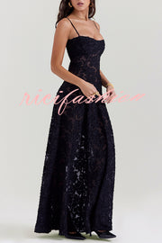 Romantic Vintage Feel Jacquard Fabric Back Lace-up Slip Floaty Maxi Dress