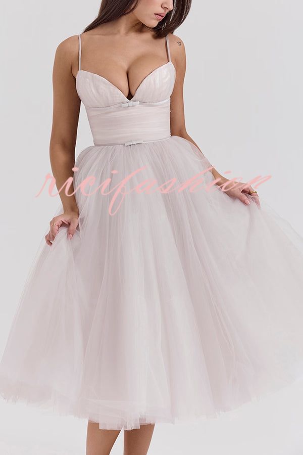 Royal Treatment Tulle Bows Detail Ruched Slip Midi Dress