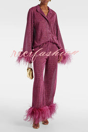 Glitter Fabric Feather Trim Long Sleeve Button Top and Elastic Waist Loose Straight Pants Set