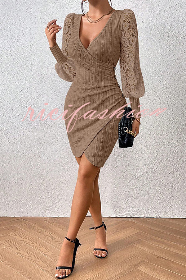 Solid Color V-neck Hollow Lace Long-sleeved Slim Mini Dress