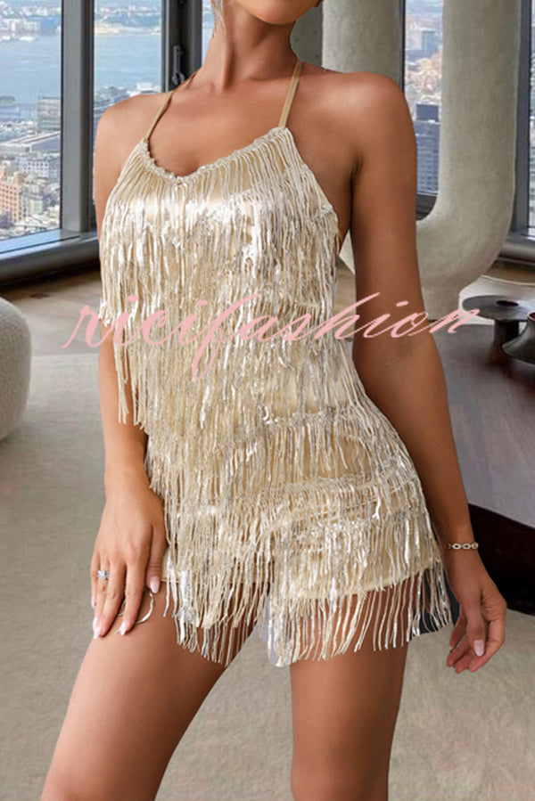 Shiny Sexy Halterneck Backless Lace-up Fringed Sequin Rompers