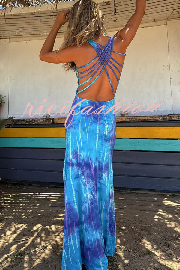 La Bamba Tie-dye Print Back Lace-up Stretch Maxi Dress