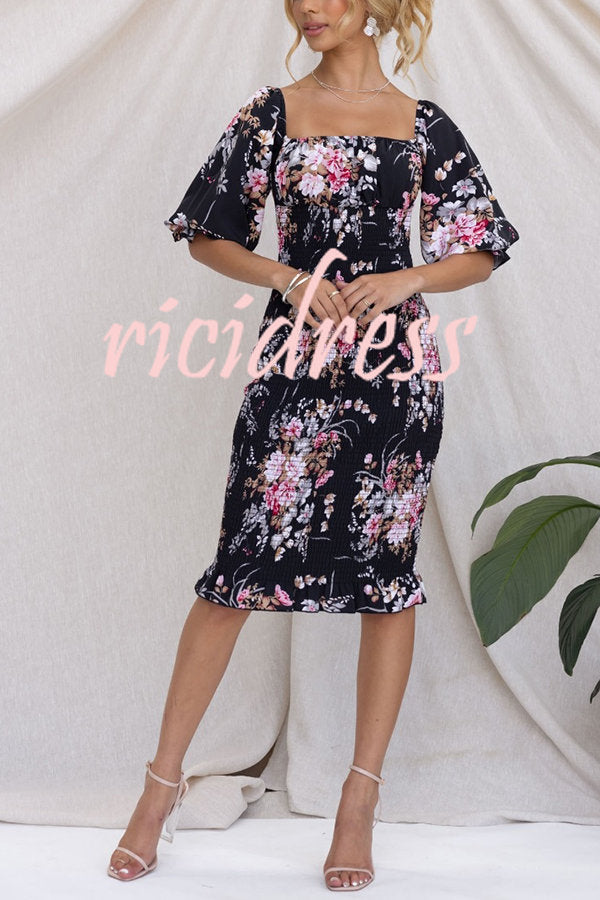 Midnight Beauty Floral Smocked Midi Dress