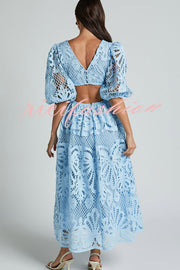 Solid Color V neck Hollow Lace Waistless Sexy Maxi Dress