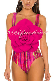 Fashionable Contrast Color Large Flower Stretch One-piece Swimsuit