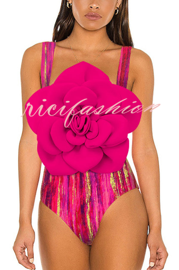 Fashionable Contrast Color Large Flower Stretch One-piece Swimsuit