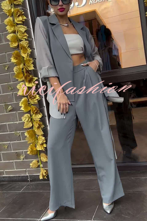 Chic and Elegant Chiffon Patchwork Irregular Lace-up Jacket and Pocketed Straight-leg Pants Set