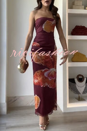 Oh So Sunny Mesh Floral Print Bandeau Stretch Maxi Dress