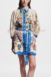 Linen Blend Unique Printed Balloon Sleeve Pocket Tie Waist Mini Dress