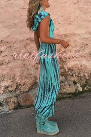 Pietra Tie Dye Print Scoop Neck Backless Hooded Stretch Maxi Dress