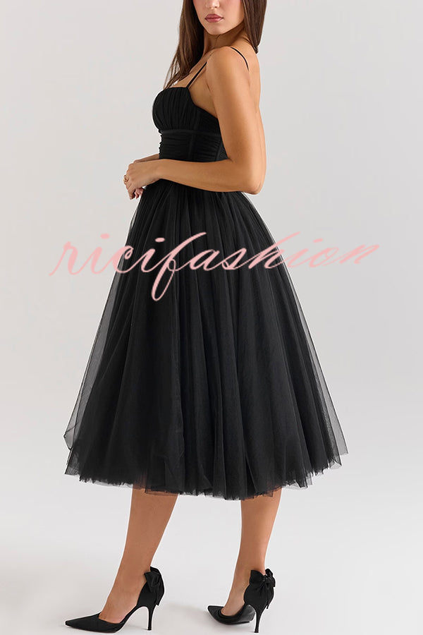 Royal Treatment Tulle Bows Detail Ruched Slip Midi Dress