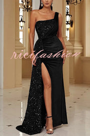 Taylor Sequin Velvet Patchwork One Shoulder Ruched Slit Prom Maxi Dress