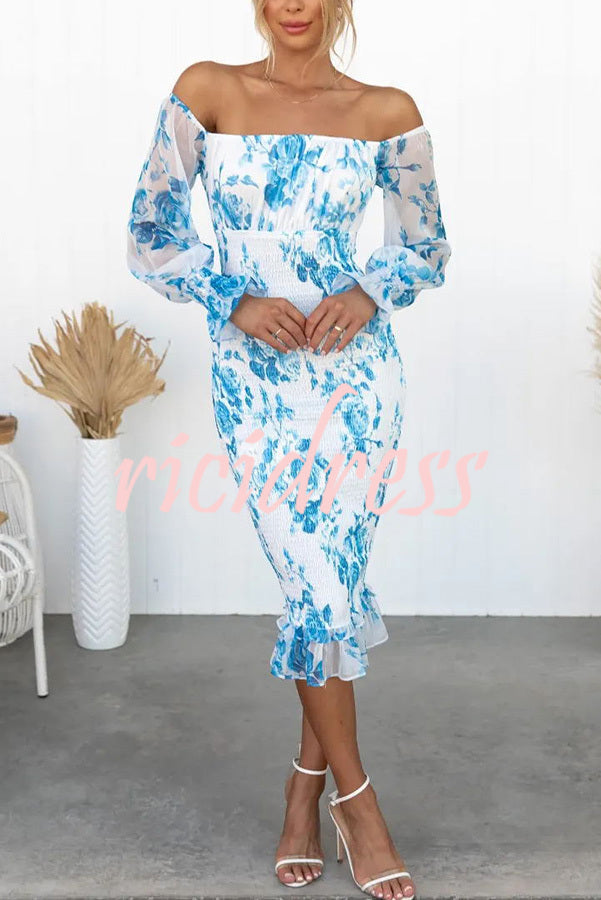 Shine Bright Floral Off Shoulder Smocked Waist Midi Dress