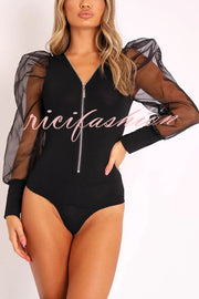 Solid Color Zip Front Sheer Puff Sleeves Bodysuit