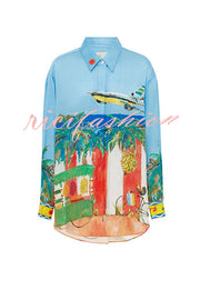 Vacation Flights Satin Unique Print Button Down Oversized Blouse