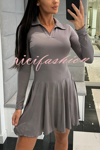 Solid Color Lapel Long Sleeve Slim Fit Waist Mini Dress