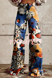 Beautiful Unique Print Button Pocket Wide Leg Pants