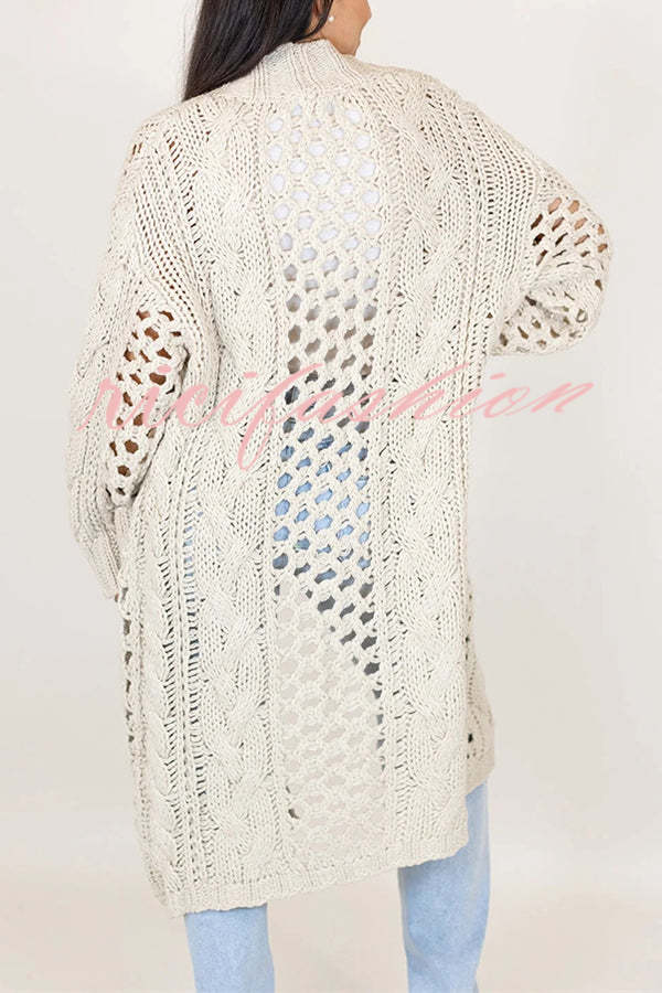 Jamila Knit Cable Cotout Long Sleeve Pocket Oversized Midi Cardigan