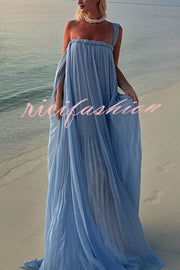 Fairy Spirit Tulle Braided Neckline Tie Arm Straps Pleated Maxi Dress