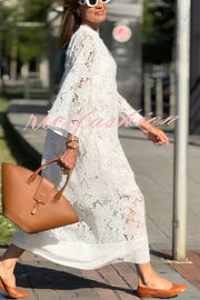 Confidence and Adventure Flower Lace V-neck Bell Sleeve Loose Midi Dress