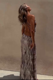 Tie-dye Print Back Lace-up Stretch Maxi Dress