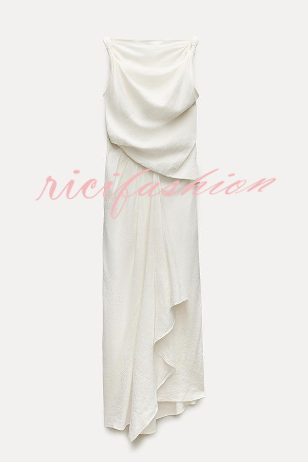 Sculptural Effect Linen Blend Twisted Shoulder Strap Drape Maxi Dress