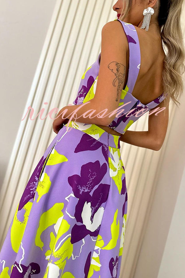 Stylish Floral Print Sling Top and Large Hem Pockets Maxi Skirt Set