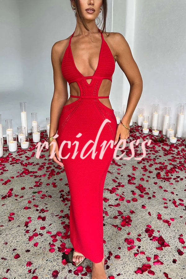 Effortlessly Cool and Sexy Knit Crochet Cutout Halter Tie-up Stretch Maxi Dress