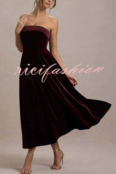 Center of Attention Velvet Satin Neck Bandeau Pleated Midi Dress