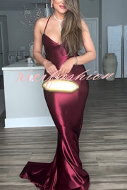 Mermaid Silhouette Satin Back Lace-up Ruched Slip Maxi Dress