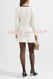 Stylish Waffle Contrast V-neck Ruffled Knitted Mini Dress