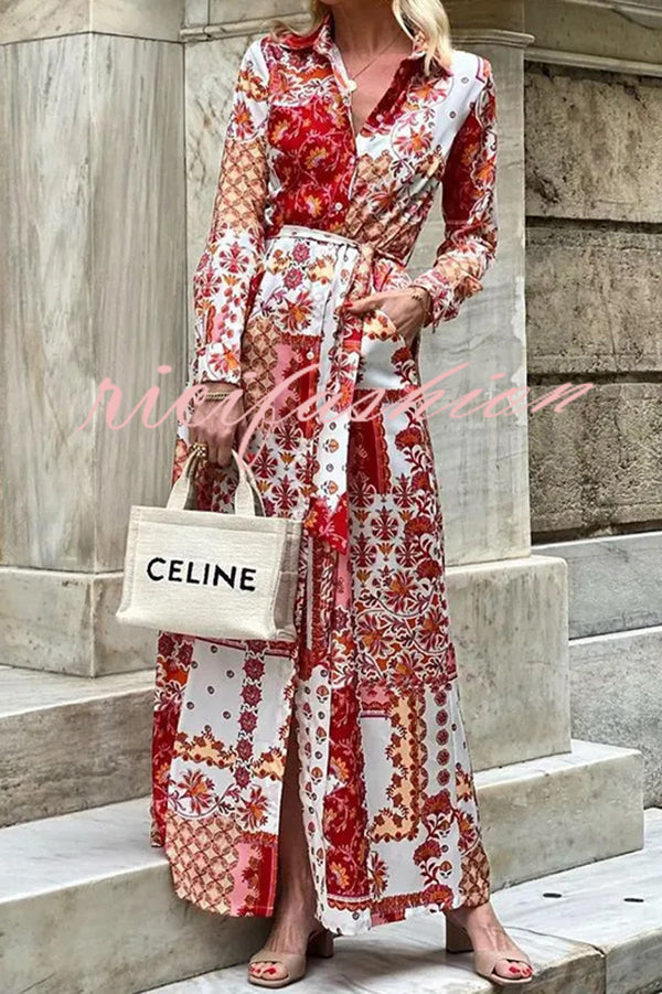 Bohemian Style Unique Printed Shirt Waist Tie Maxi Dress