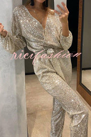 Cheers To You Sequin Long Sleeve Belted Wrap Loose Jumpsuit