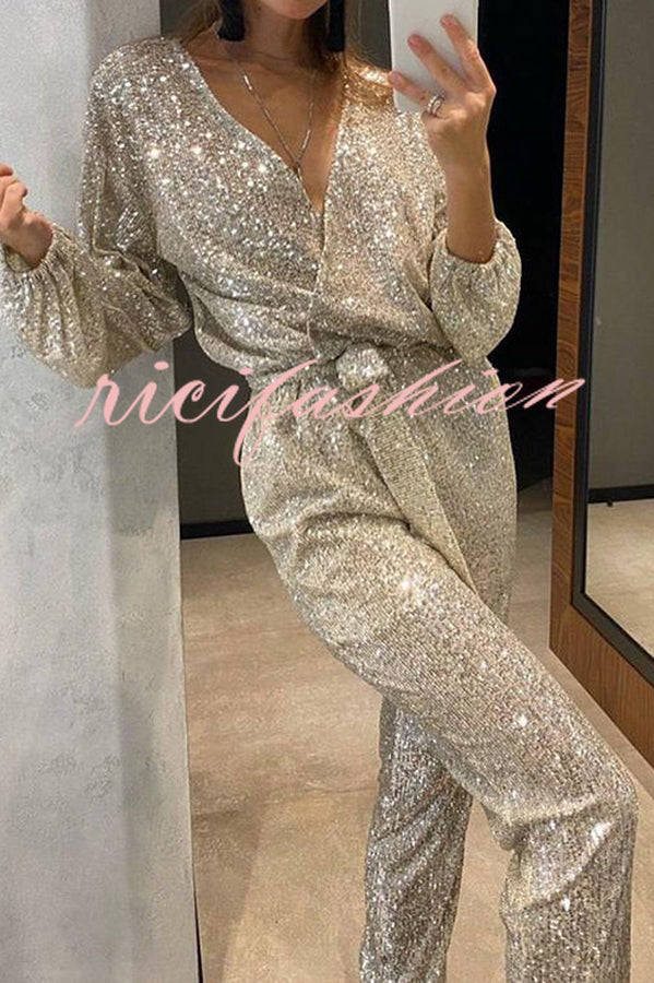 Cheers To You Sequin Long Sleeve Belted Wrap Loose Jumpsuit