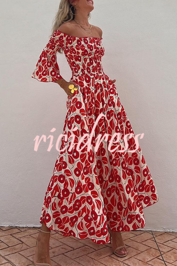 Close To The Vacation Floral Print Smocked Off Shoulder Pocketed Maxi Dress