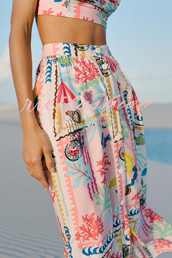 Multicolor Printed Sexy V Neck Halter Top and Midi Button-down Skirt Set