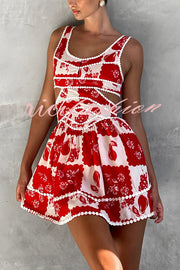 Holiday Colors Ric Rac Trims Unique Print Cutout Round Neck Mini Dress