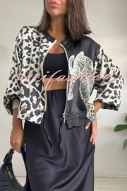 Shiloh Leopard Unique Print Zipper Drawstring Hem Bomber Jacket