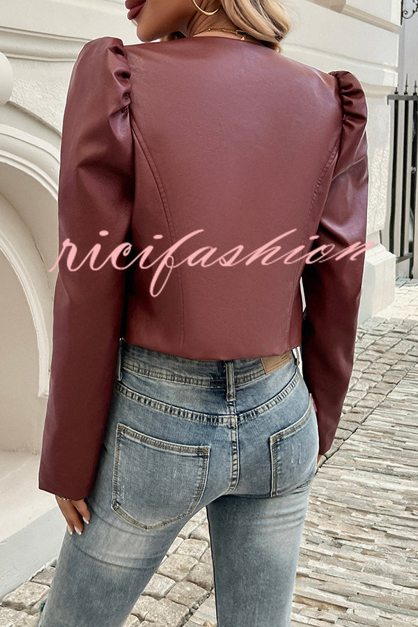 Yelissa Faux Leather Statement Long Sleeve Open Front Crop Jacket