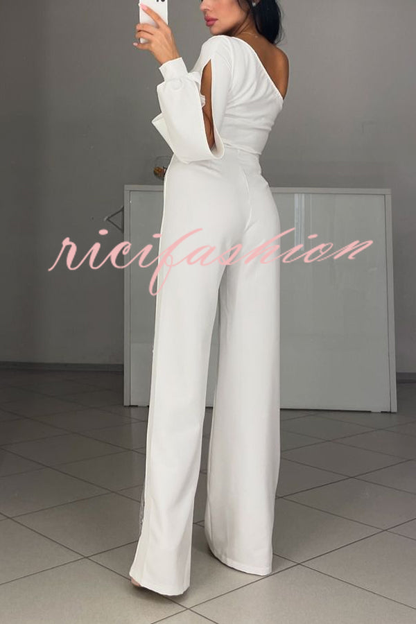 Fashionable Oblique Shoulder One-sleeve Sexy High Slit Slim Jumpsuit