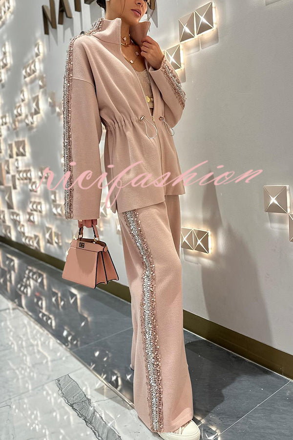 Edan Textured Knit Sequin Patchwork Drawstring Zipper Sweatshirt and Stretch Wide Leg Pants Set