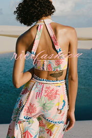 Multicolor Printed Sexy V Neck Halter Top and Midi Button-down Skirt Set