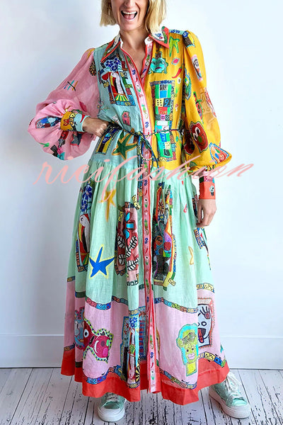 Set for Vacay Unique Print Colorblock Balloon Sleeve Belt Shirt Midi Dress