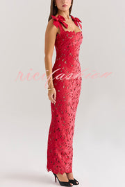 Holiday Intimacy Embroidered Floral Lace Bow Shoulder Straps Slit Maxi Dress