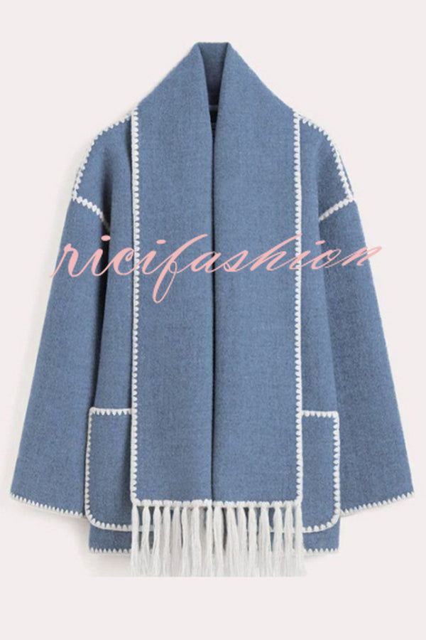 Stylish Loose Pocket Long Sleeve Coat and Warm Fringed Scarf