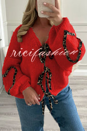 Fashionable Loose Long-sleeved Leopard Print Lace-up Knitted Sweater Cardigan