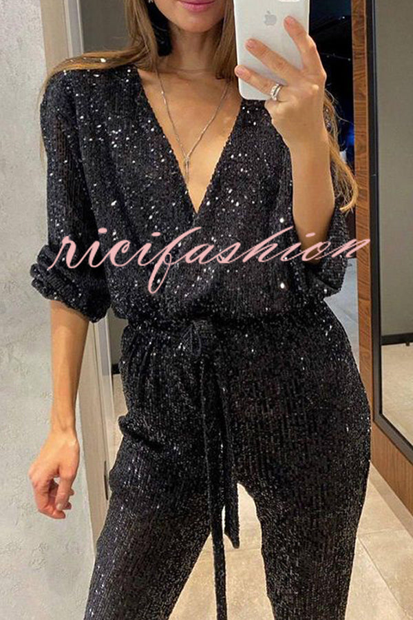 Cheers To You Sequin Long Sleeve Belted Wrap Loose Jumpsuit